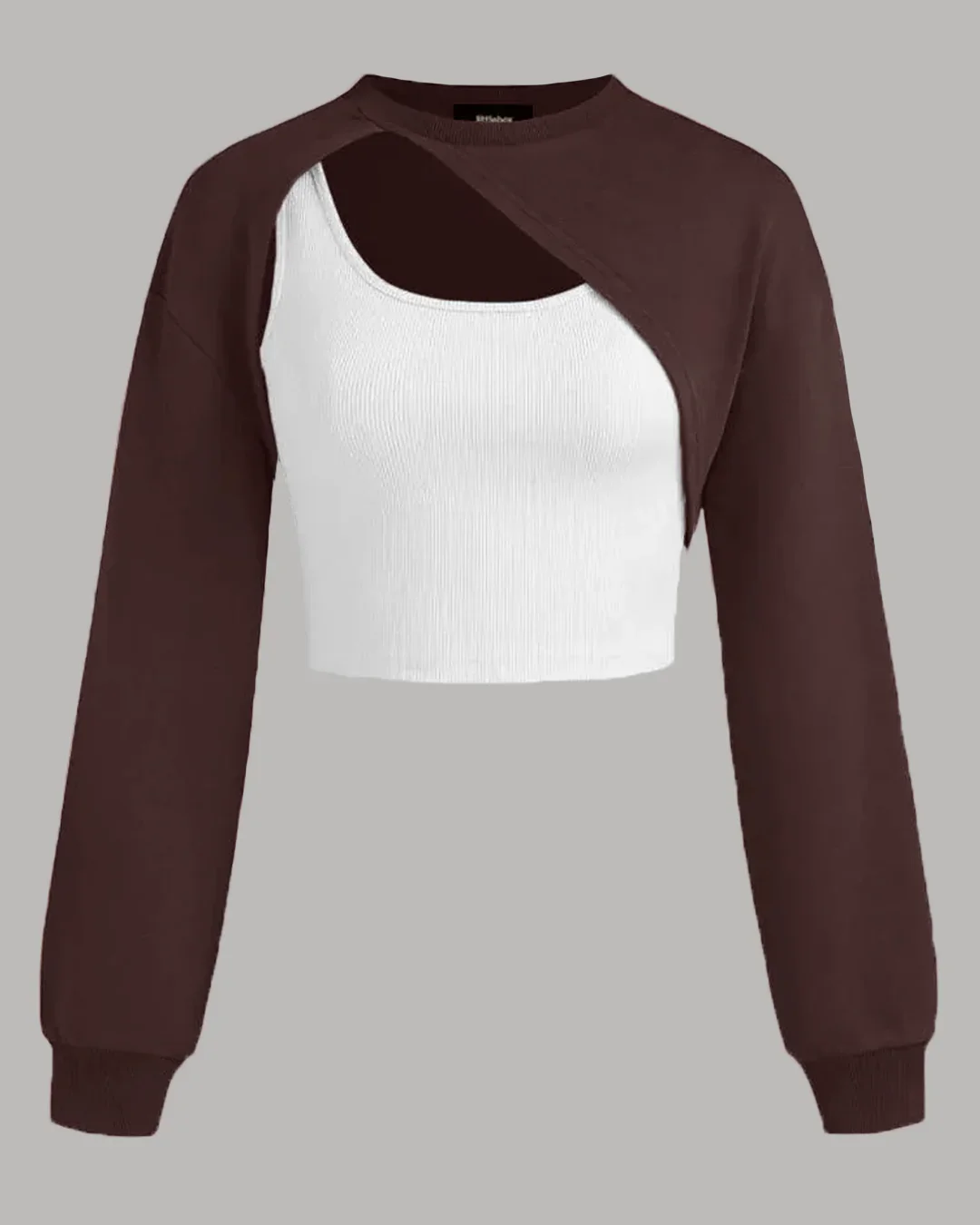 Terry Round Neck Vest & Crop Top in Chocolate & White