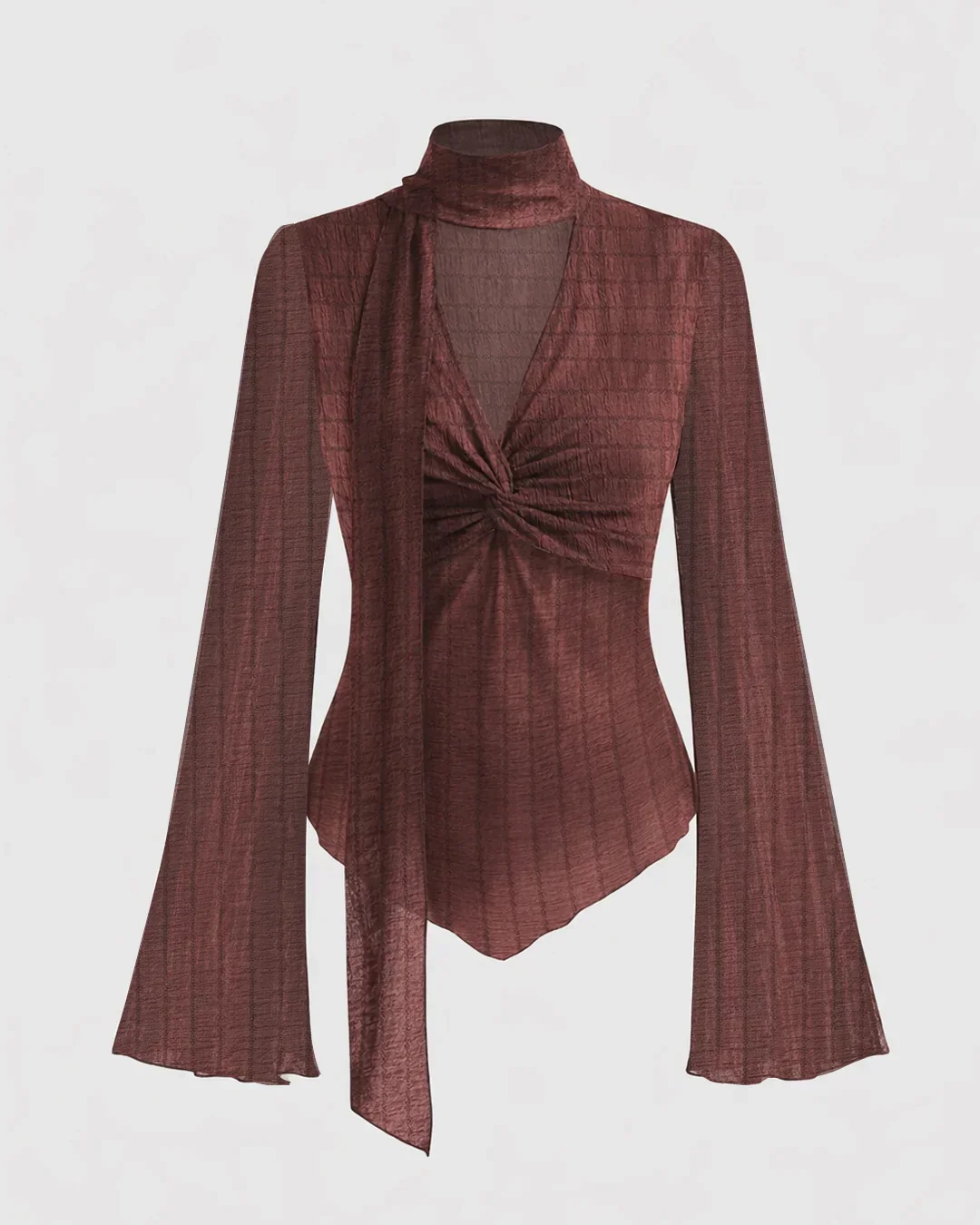 Texture V-neck Flare Sleeve Twist See-through Top With Scarf in Maroon - Image 2