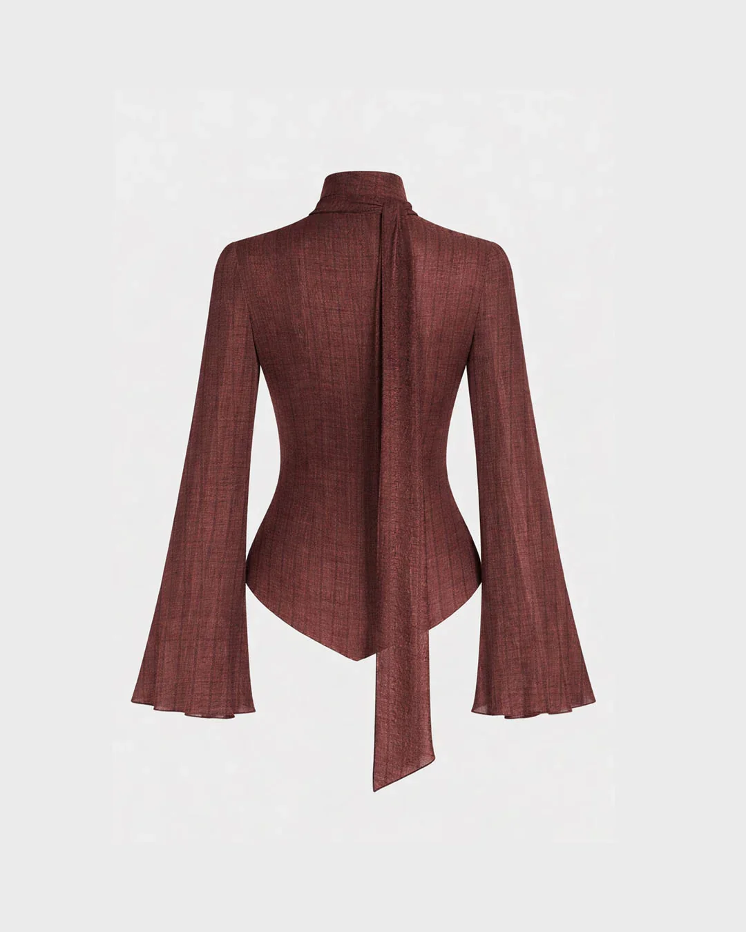 Texture V-neck Flare Sleeve Twist See-through Top With Scarf in Maroon - Image 3