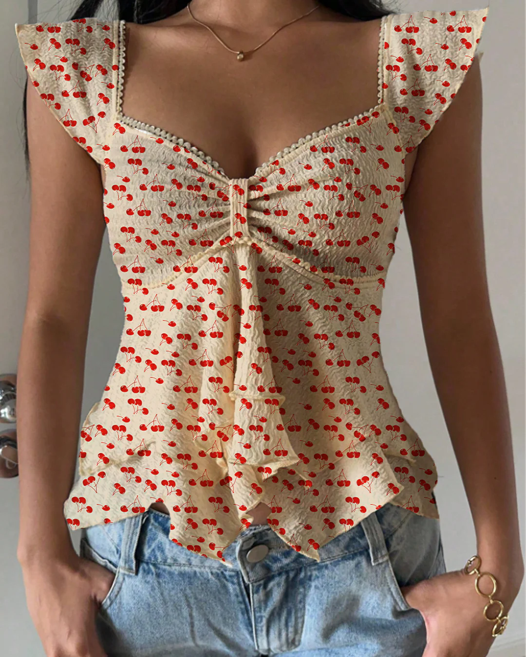 Textured Knit Double-Layer Ruffled Hem Sweetheart Neck Top - Image 3