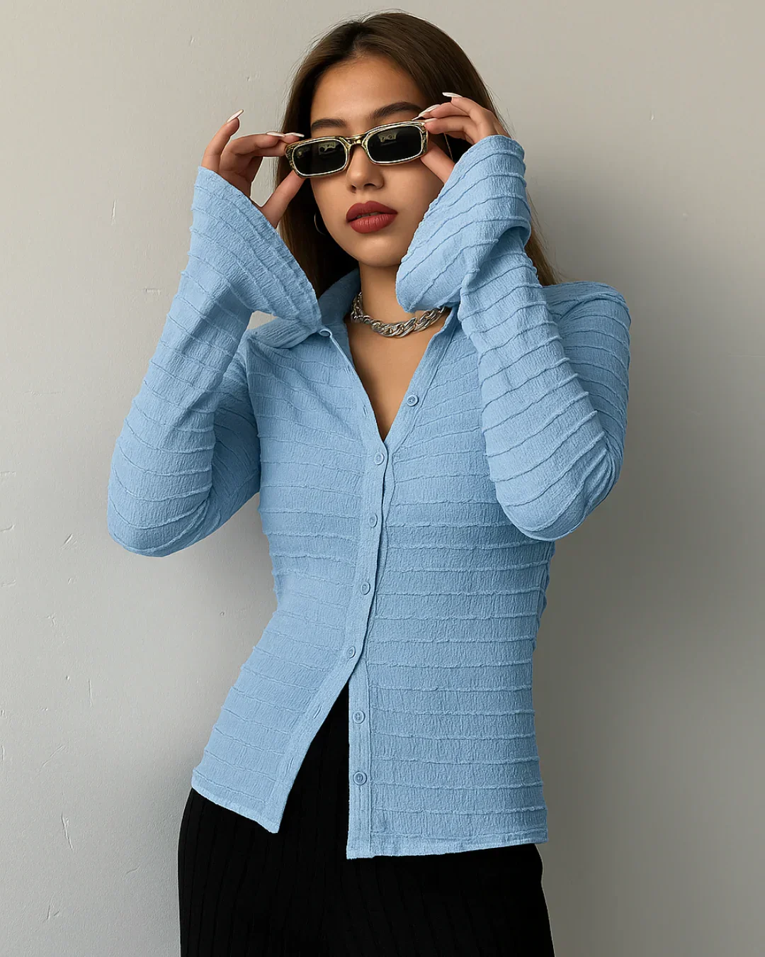 Textured Long Sleeve Button Up Top in Dusty Blue - Image 2