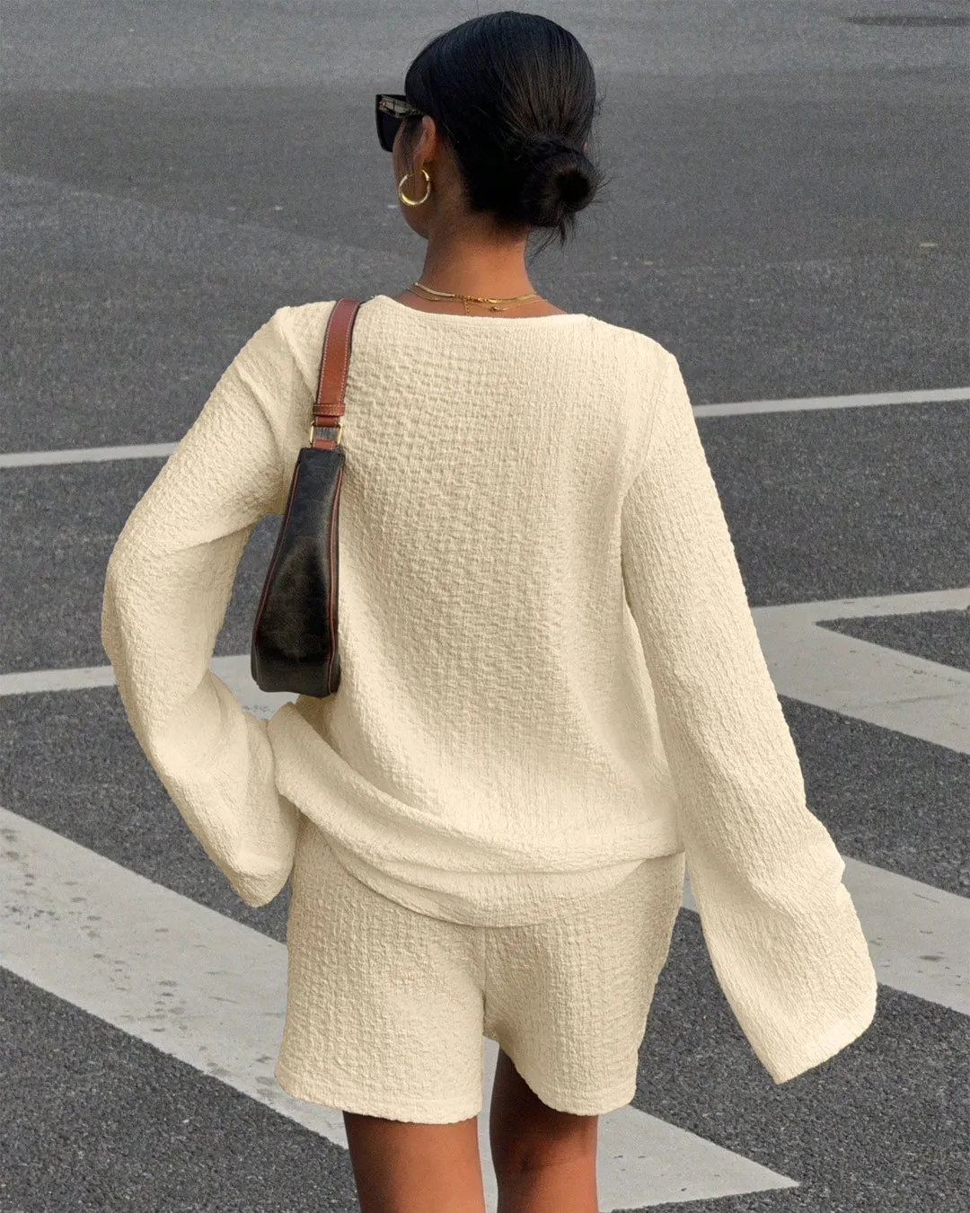 Textured V-Neck Tie Front Long Sleeve Top and Shorts Set in Cream - Image 3