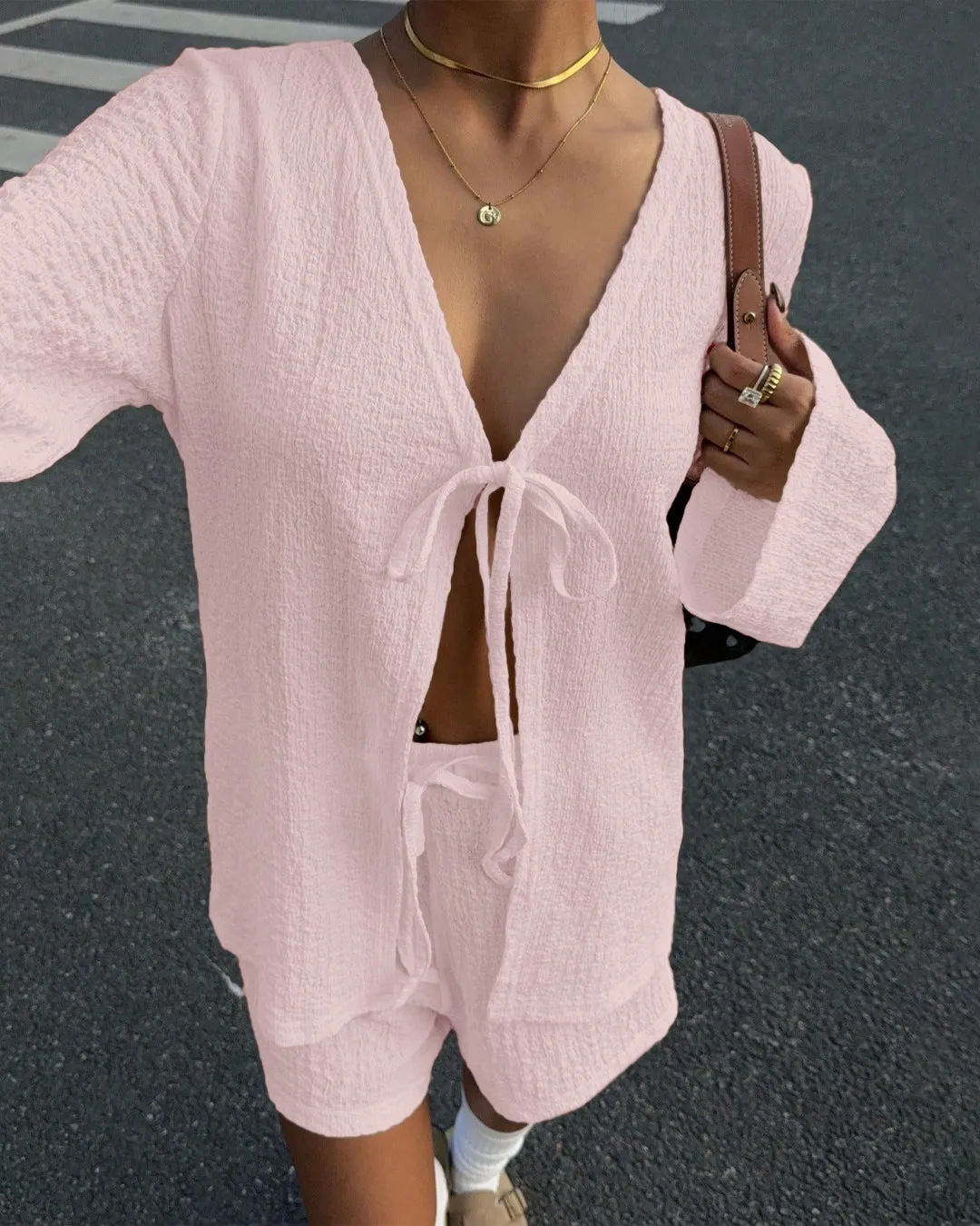 Textured V-Neck Tie Front Long Sleeve Top and Shorts Set in Pink - Image 2
