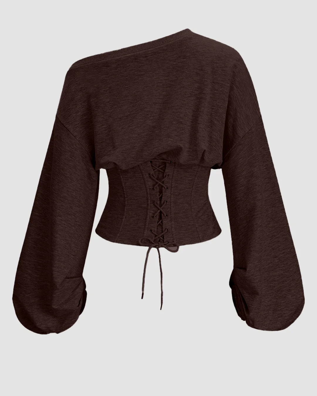 Tie-Back Asymmetrical Shoulder Corset Waist Top in Chocolate - Image 2