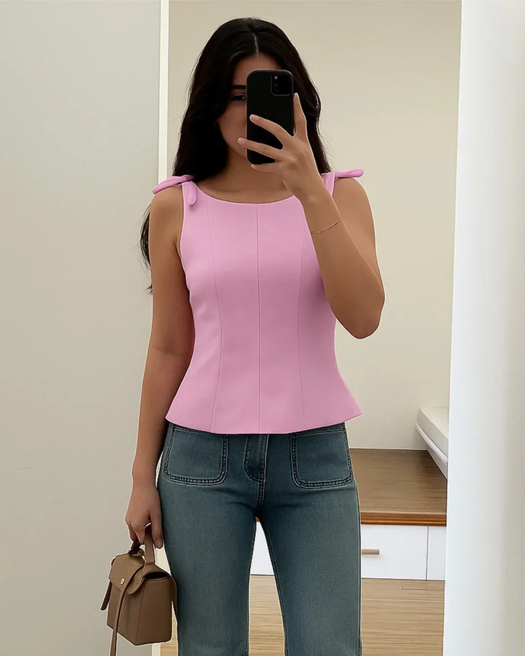 Tie-Shoulder Fitted Top in Powder Pink - Image 2