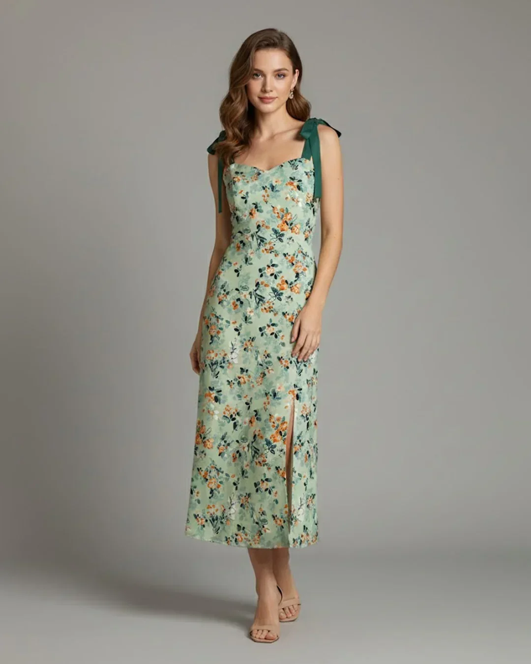 Tie Shoulder Floral Fit & Flare Slit Midi Dress - Image 3