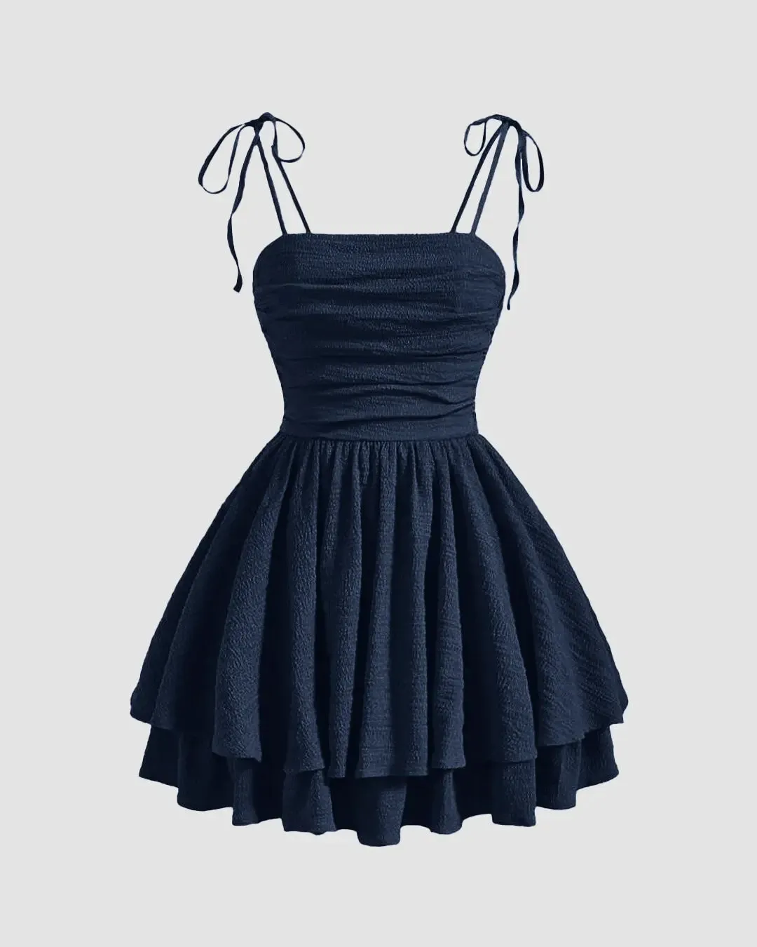 Tie Shoulder Fit and Flare Mini Dress in Navy Blue
