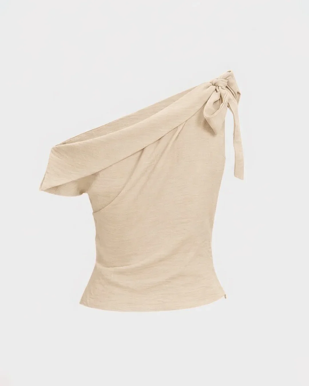 Tie-Up One Shoulder Asymmetric Ruched Sleeveless Cami Top in Beige - Image 3