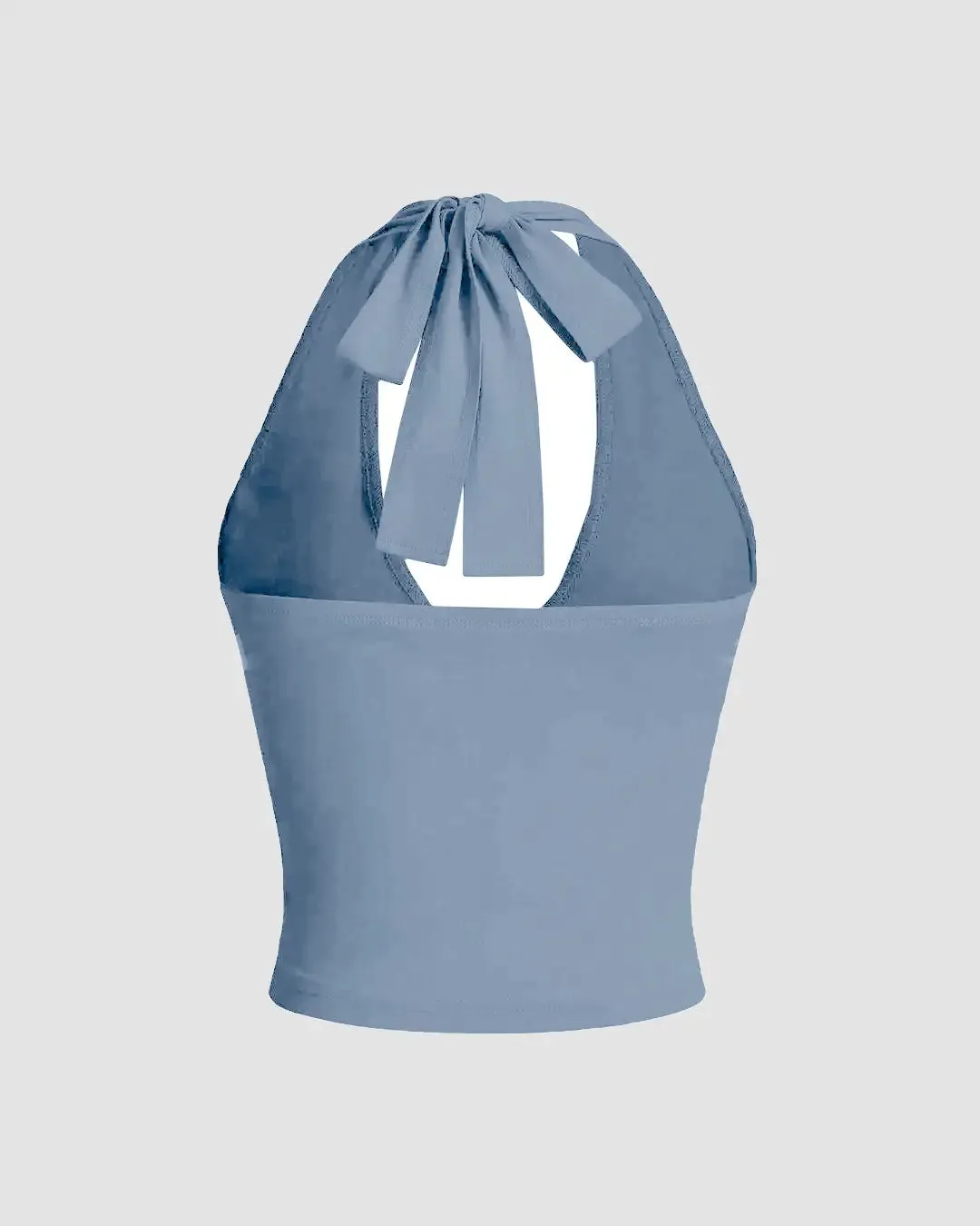 Tied Halter Neck Solid Dusty Blue Crop Top - Image 2