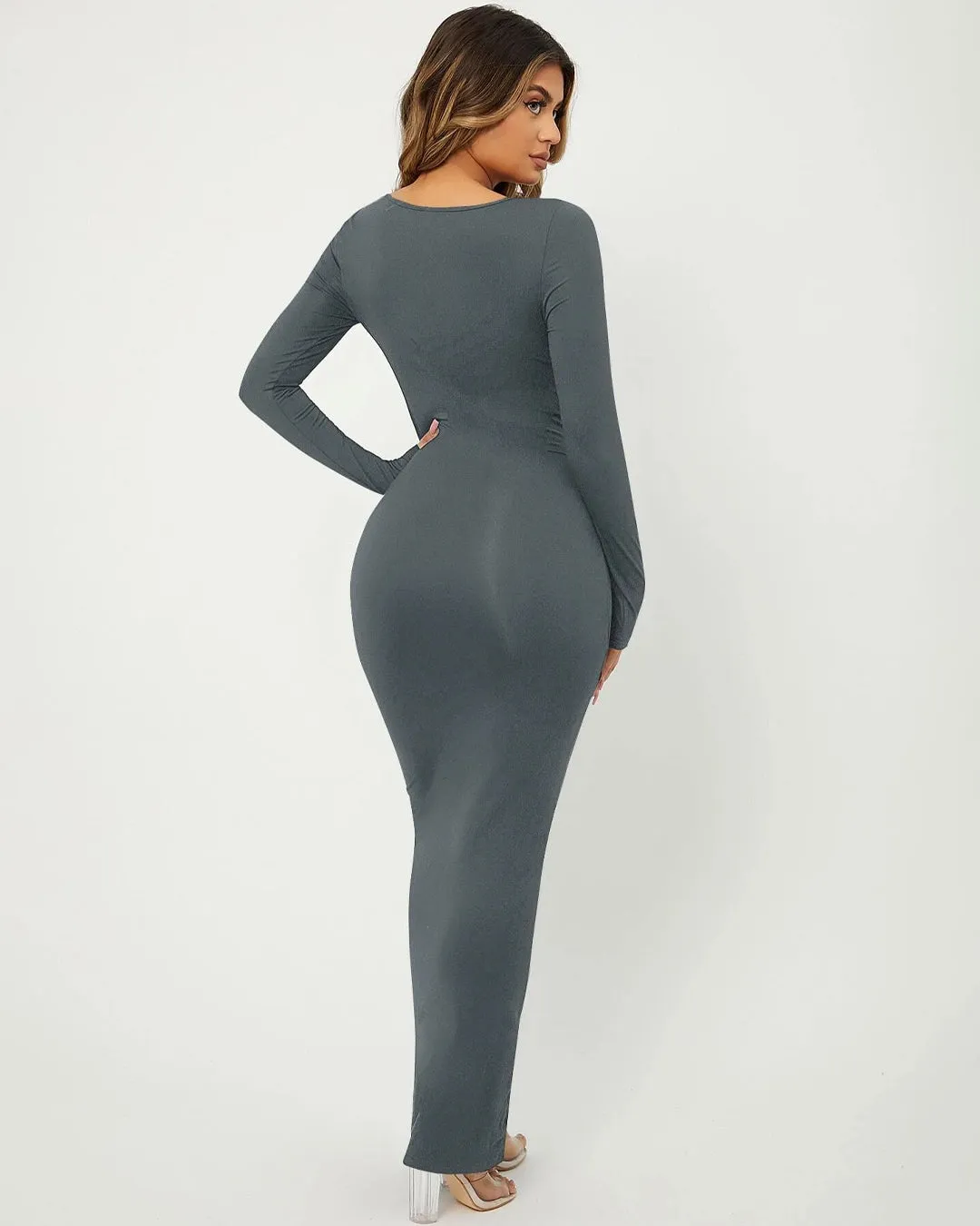 Trending Hollywood Style Bodycon Full Sleeve Dress In Grey - Image 2