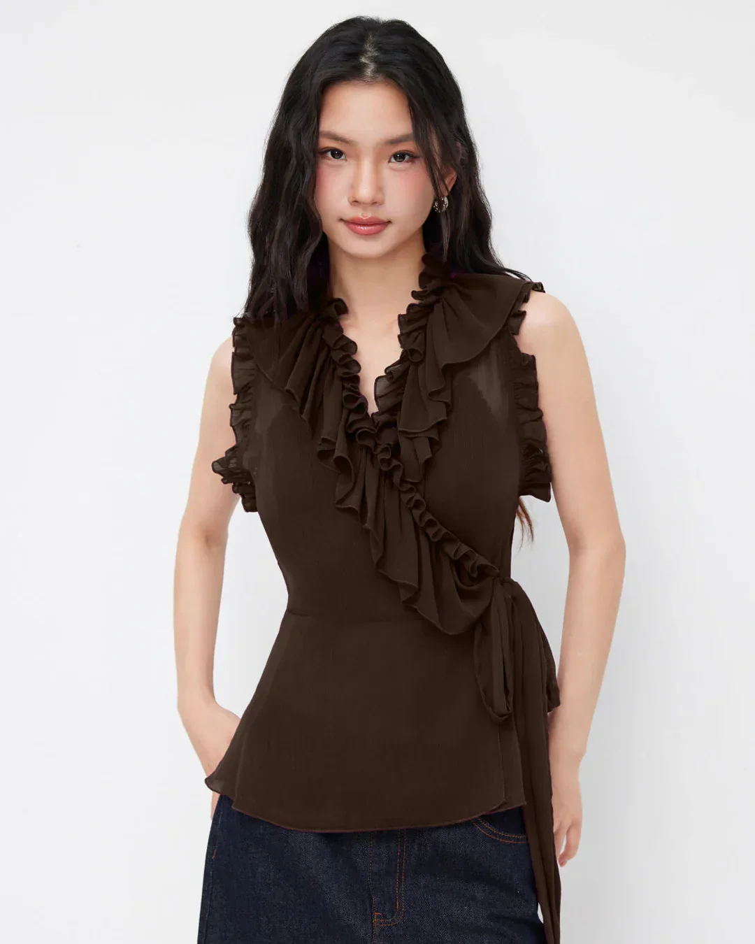 Trim Knotted See-through Tank Top in Coffee - Image 3