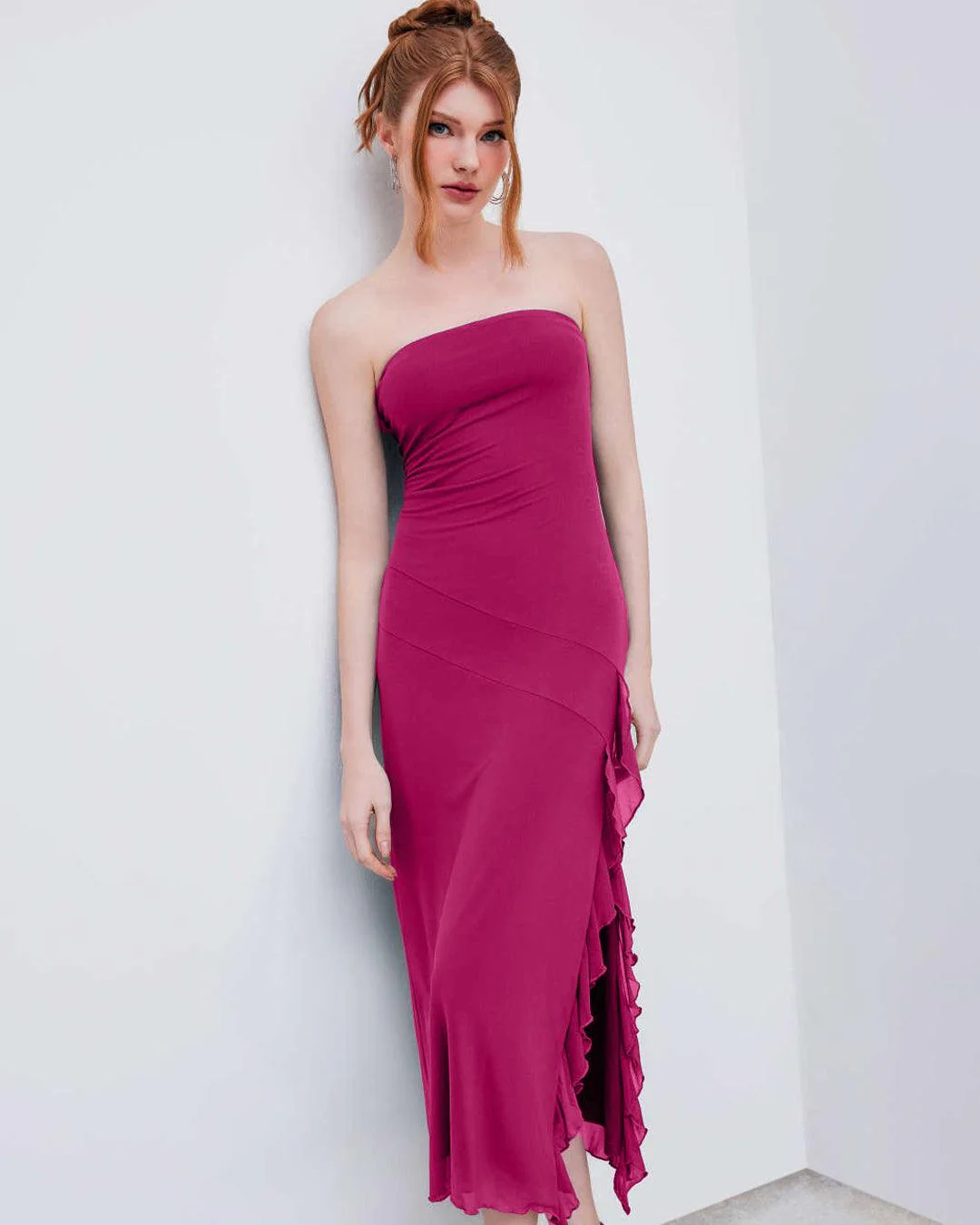 Tube Ruffles Gown With Net Side Detailing In Pink - Image 3