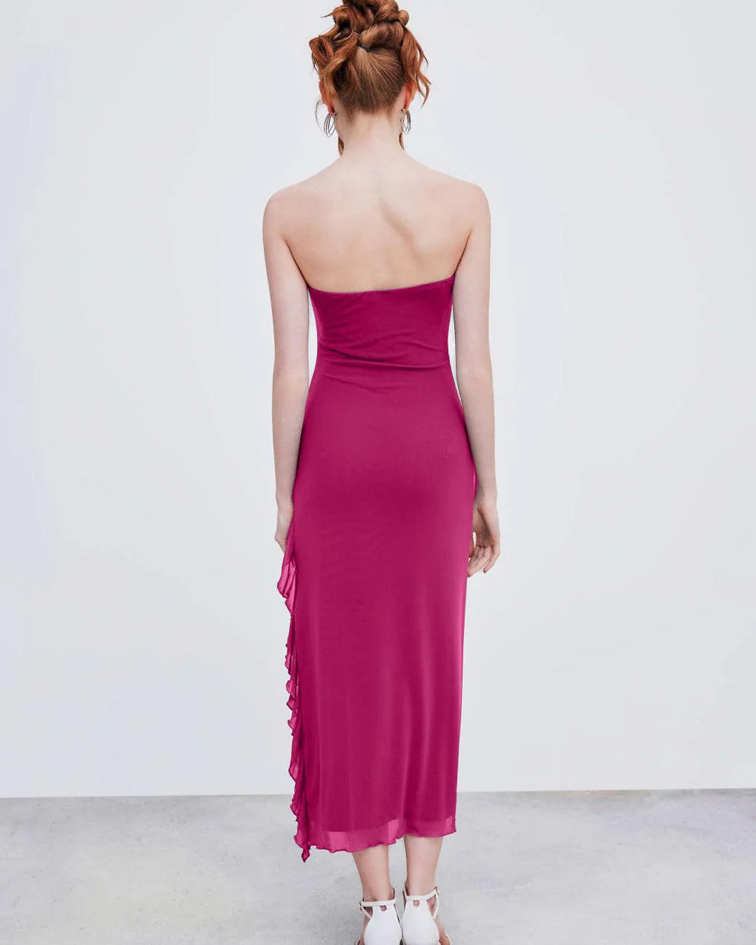 Tube Ruffles Gown With Net Side Detailing In Pink - Image 4