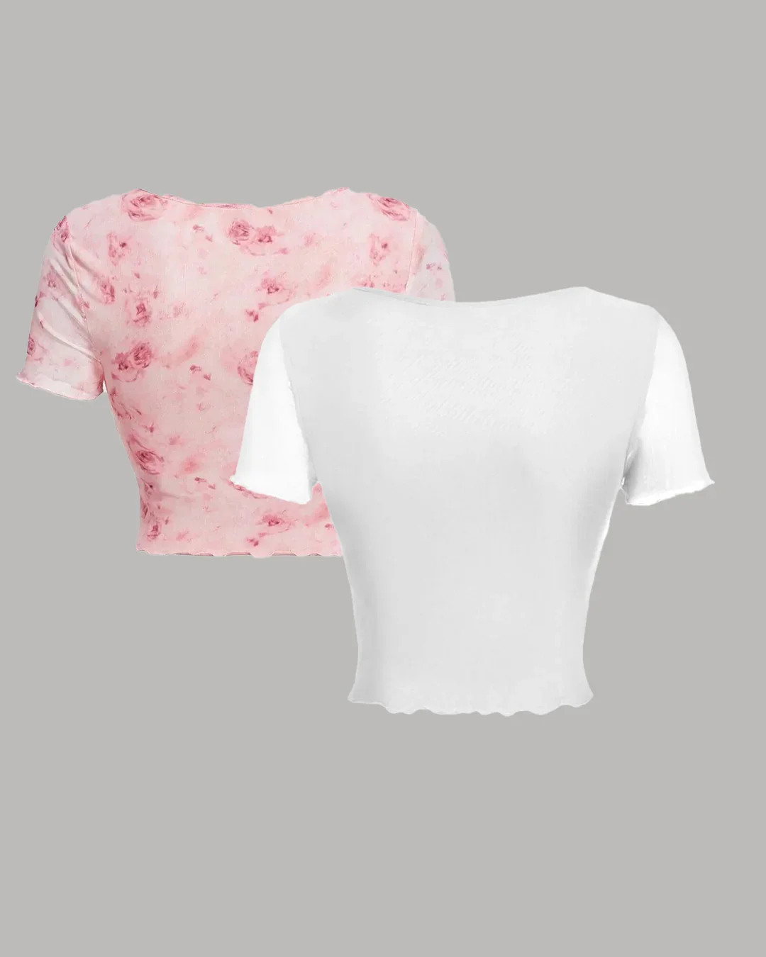 Twin Pack Ruched Tie-Front Crop Tops in Pink Print and White - Image 2