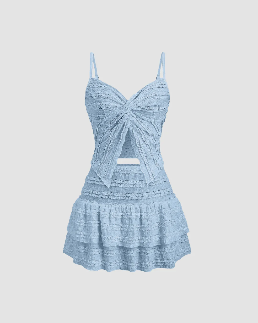 Twist Front Crop Top & Tiered Mini Skirt Co-Ord Set in Dusty Blue - Image 2
