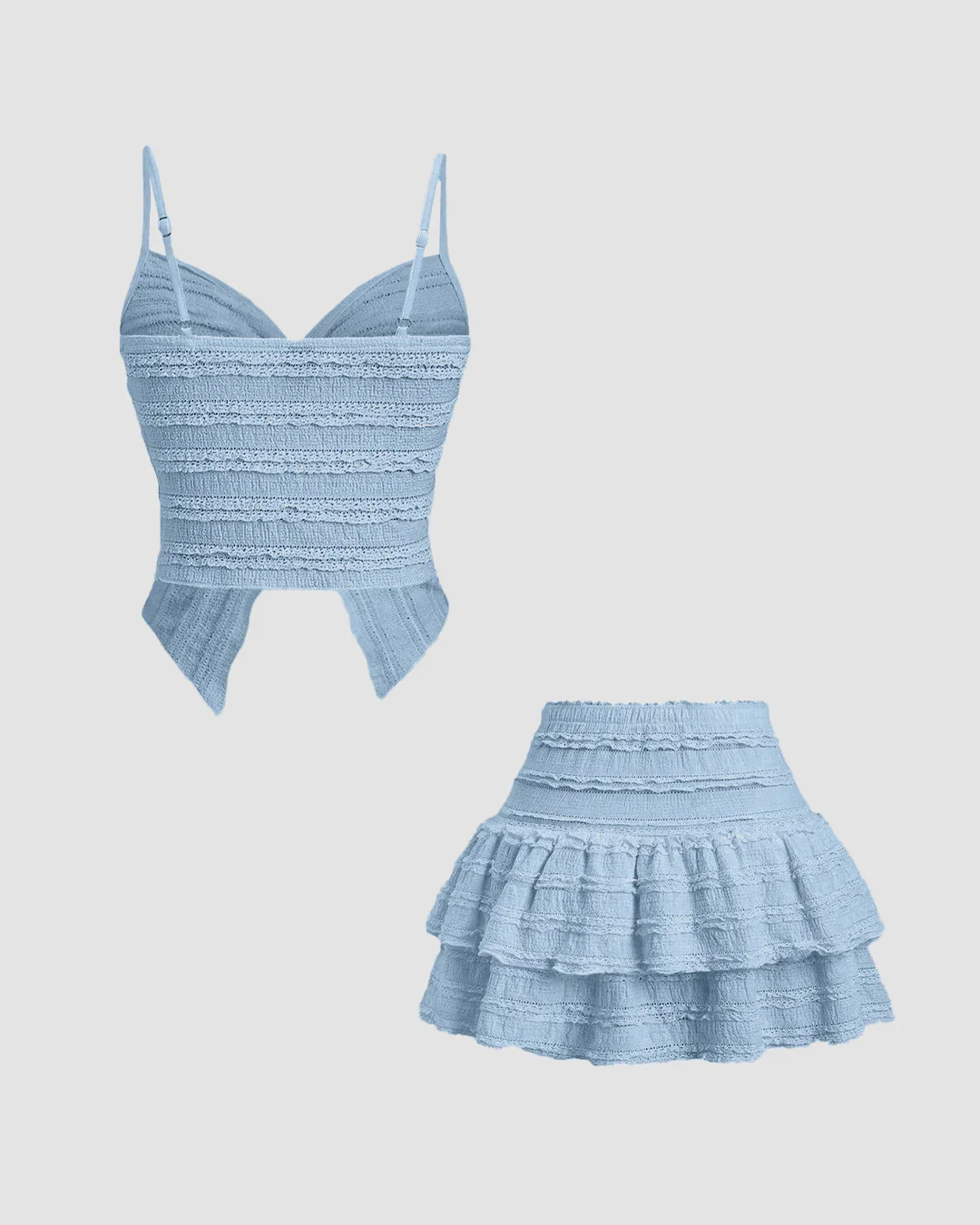Twist Front Crop Top & Tiered Mini Skirt Co-Ord Set in Dusty Blue - Image 3