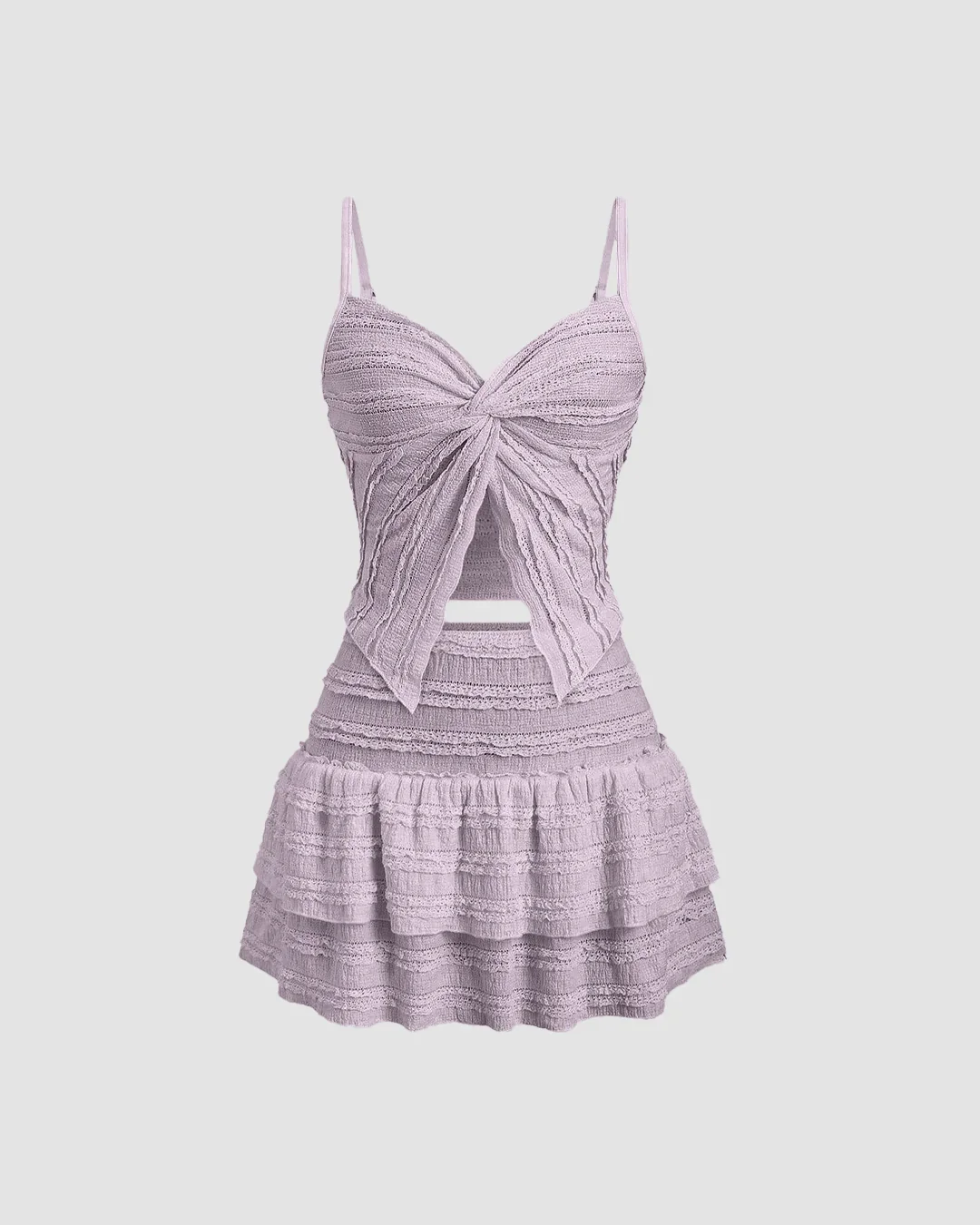 Twist Front Crop Top & Tiered Mini Skirt Co-Ord Set in Lilac - Image 2