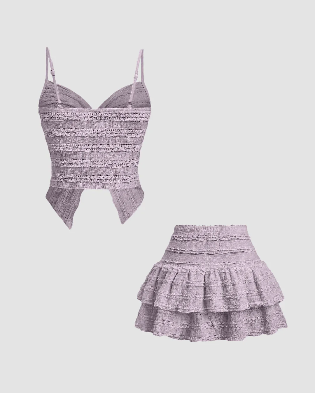 Twist Front Crop Top & Tiered Mini Skirt Co-Ord Set in Lilac - Image 3