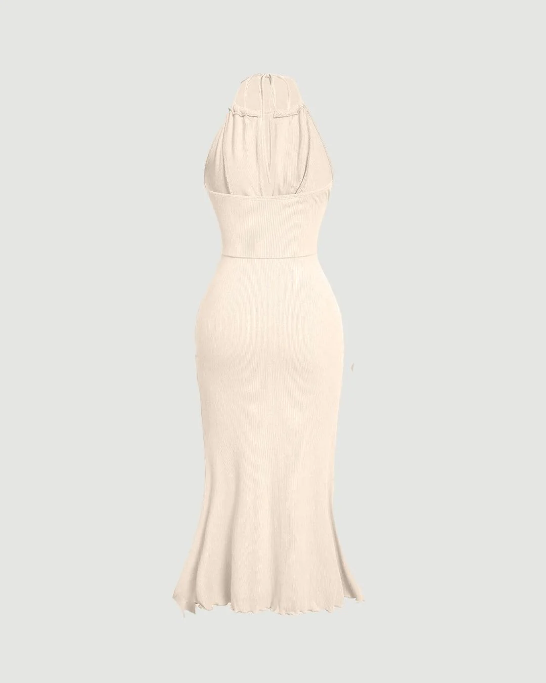 Twist Knot Solid Color Halter Neck Fish Tail Off-White Dress - Image 2