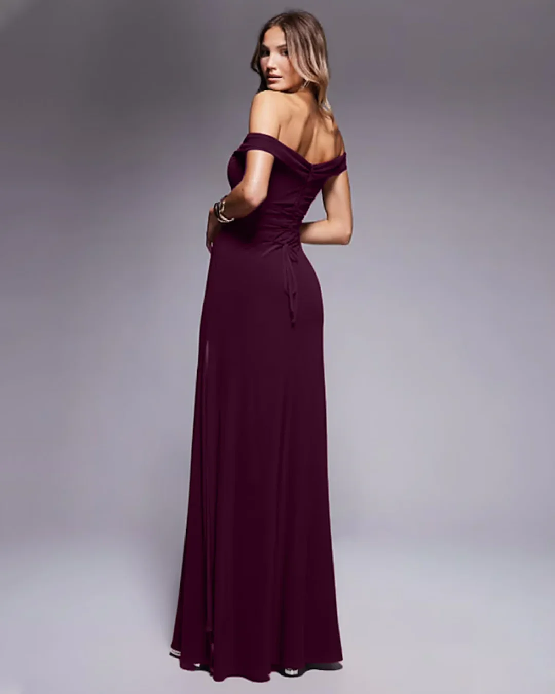 Twist shoulder with lace up back maxi dress in Maroon - Image 2
