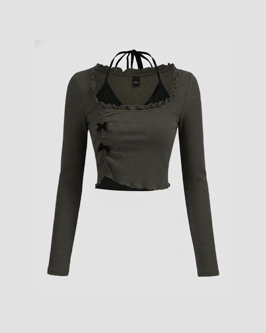 Two in one Bow Knot Full Sleeve Crop Top In Grey - Image 2