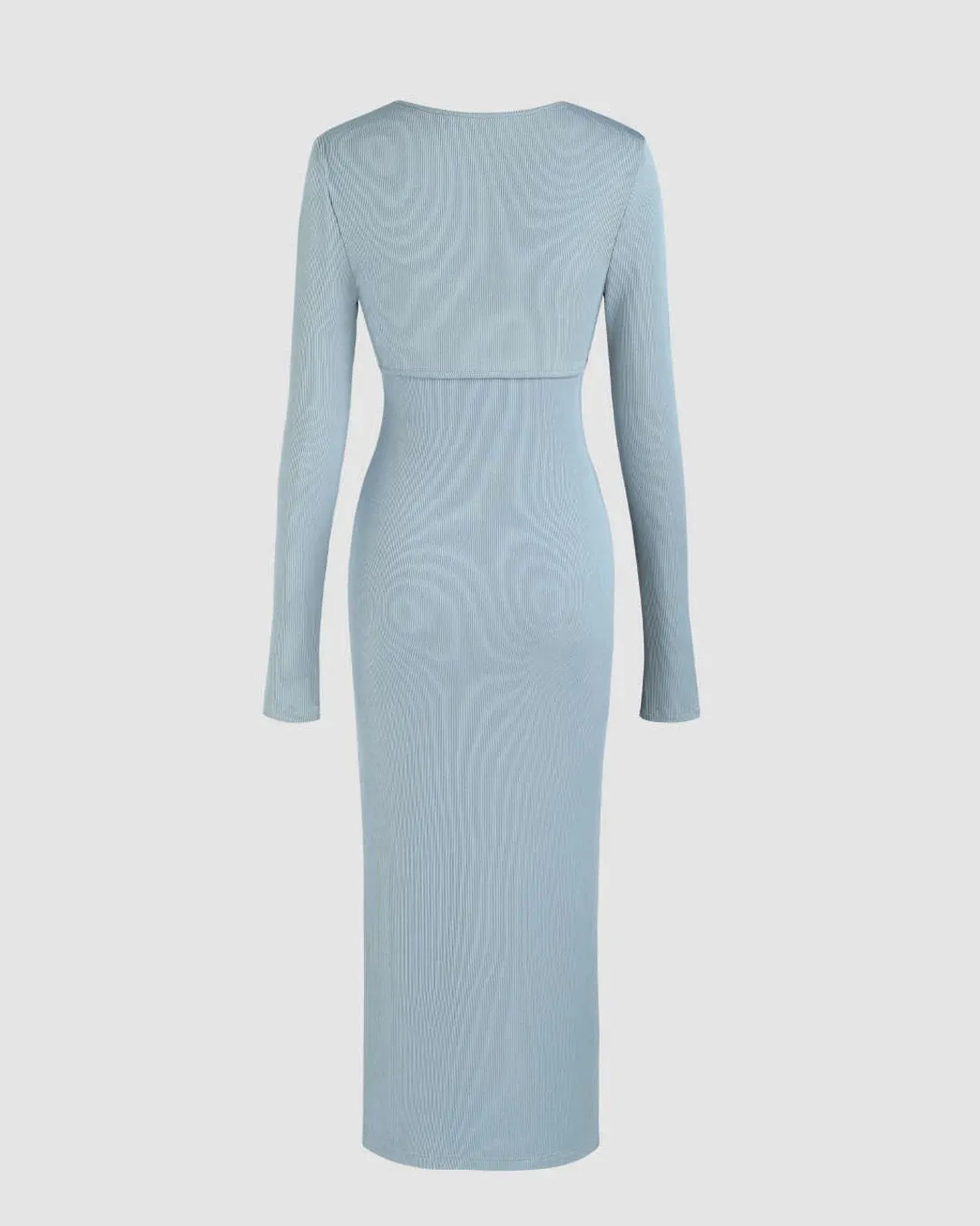 Two Piece Elegant Bodycon Dress With Shrug In Dusty Blue - Image 6