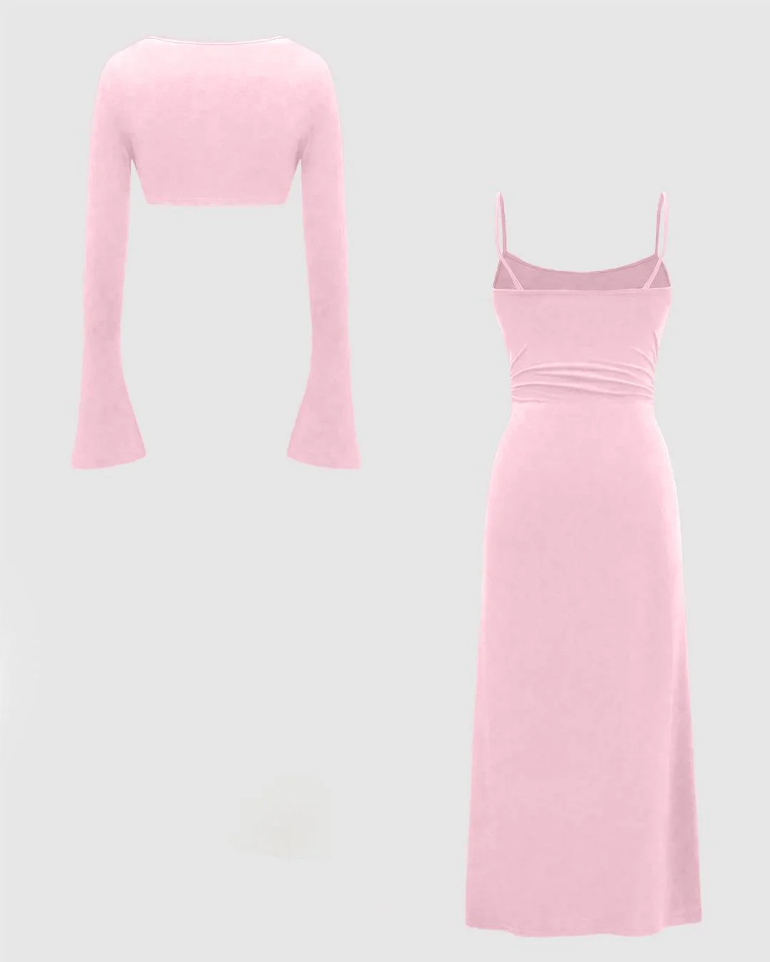 Two Piece Set : Solid Color Flare Sleeve Shrug Top And Cami Dress In Baby Pink - Image 3