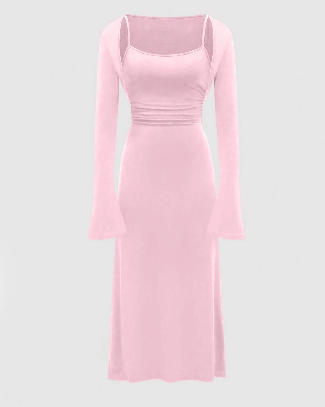 Two Piece Set : Solid Color Flare Sleeve Shrug Top And Cami Dress In Baby Pink - Image 4