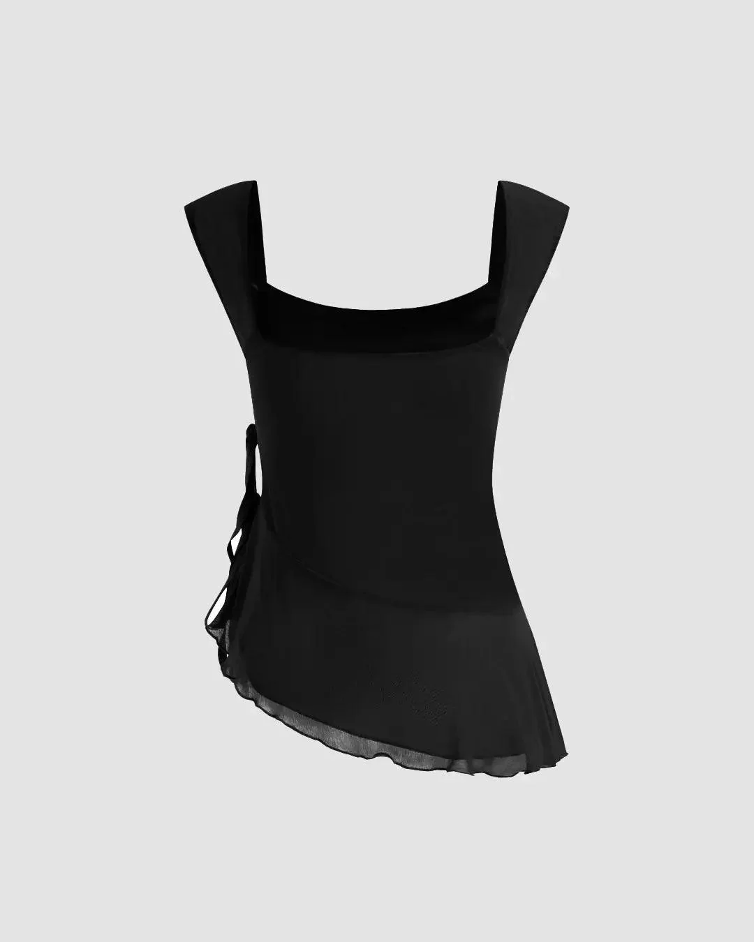 Sleeveless Square Neck Side Tie Ruffle Top in Black - Image 3