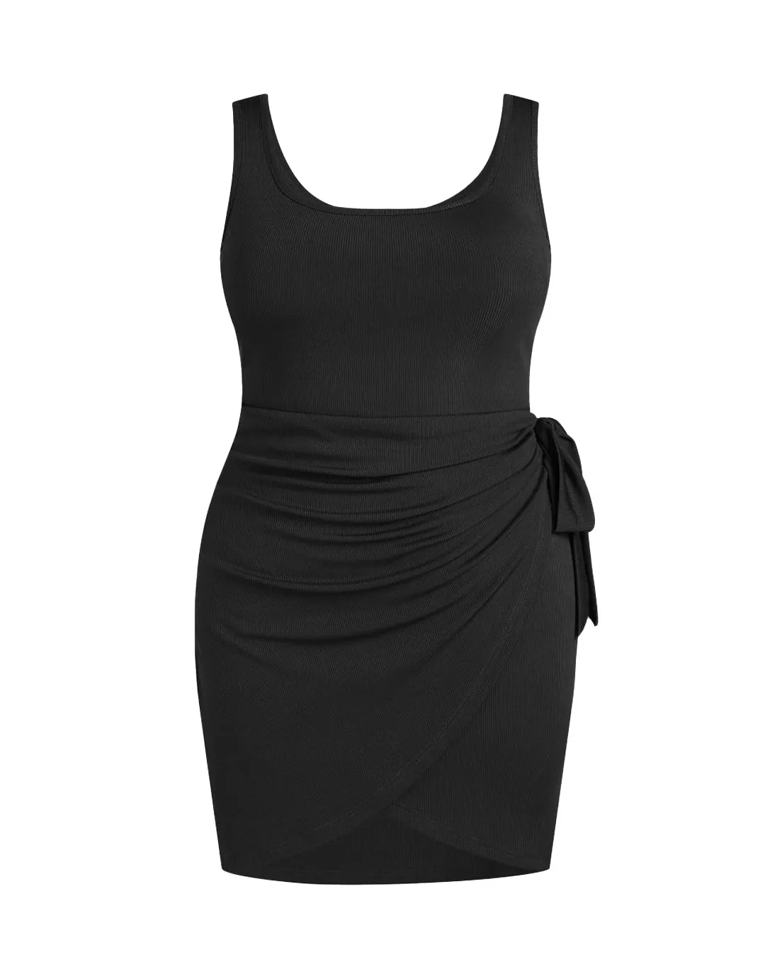 U-neckline Knotted Ruched Sleeveless Black Mini Dress Curve & Plus - Image 3