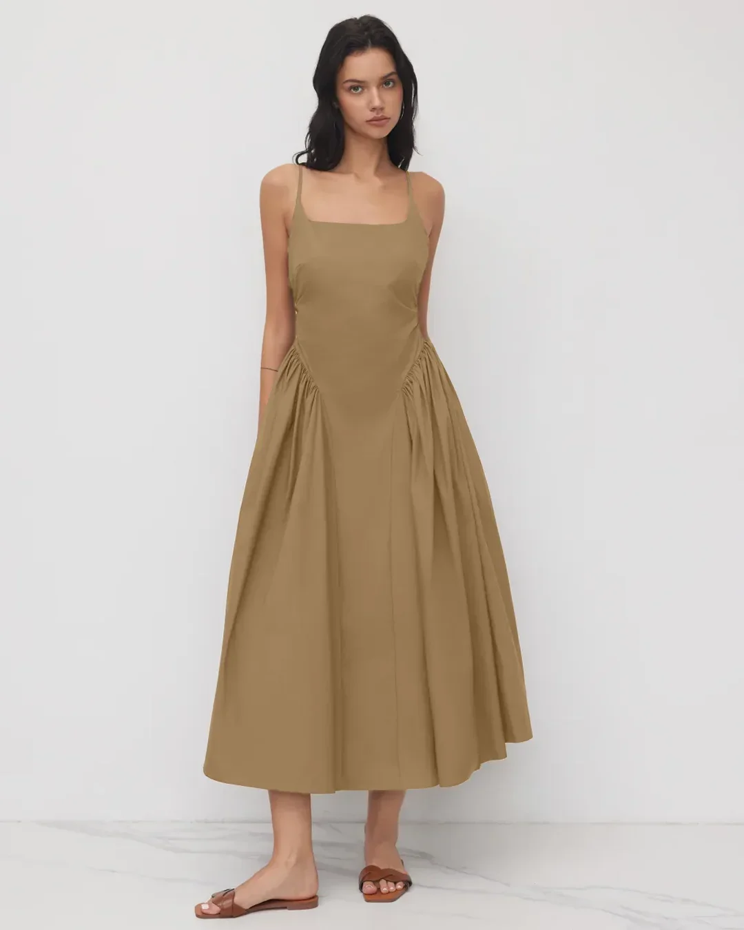 U-neckline Ruched Ruffle Hem Maxi Cami Dress in Mud - Image 2