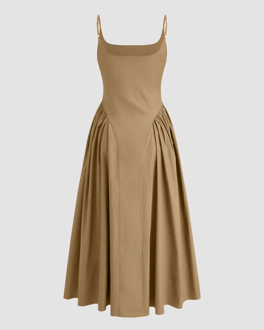 U-neckline Ruched Ruffle Hem Maxi Cami Dress in Mud - Image 3