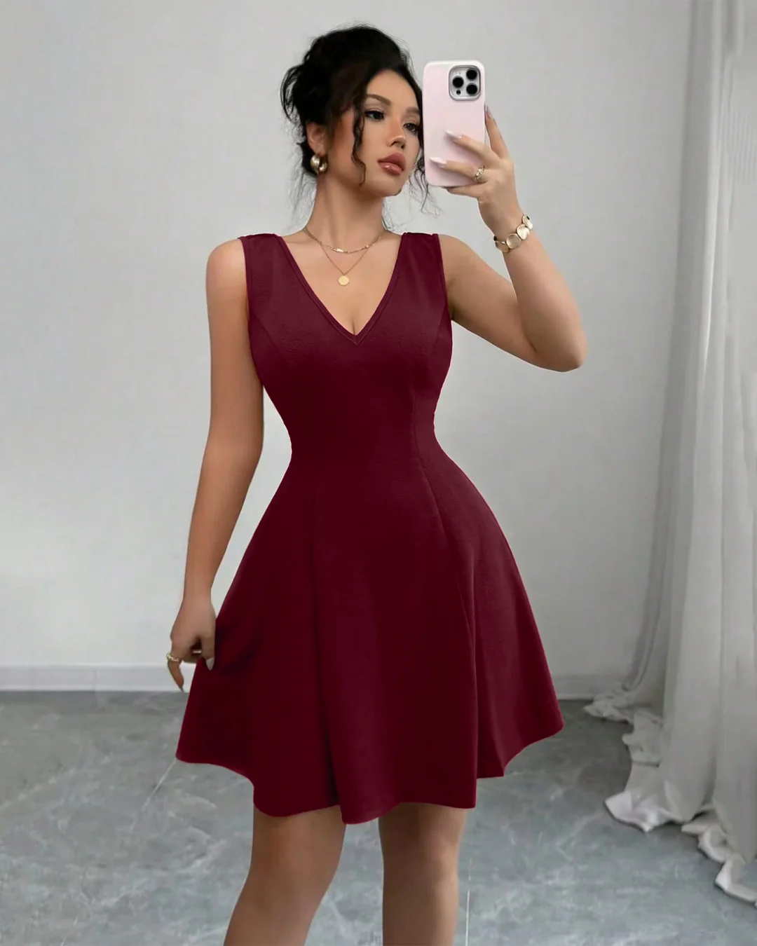 V-Neck Backless Fitted With Bowknot Mini Dress in Burgundy - Image 3