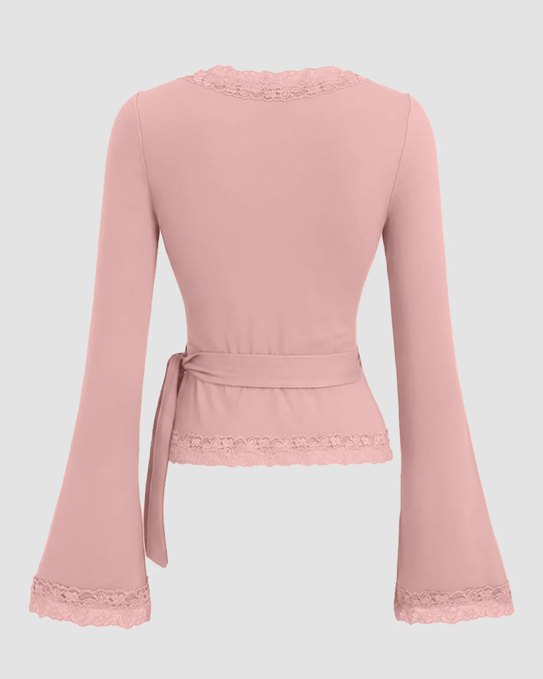 V-Neck Bell Sleeve Lace Trim Side Knot Top in Rose - Image 2