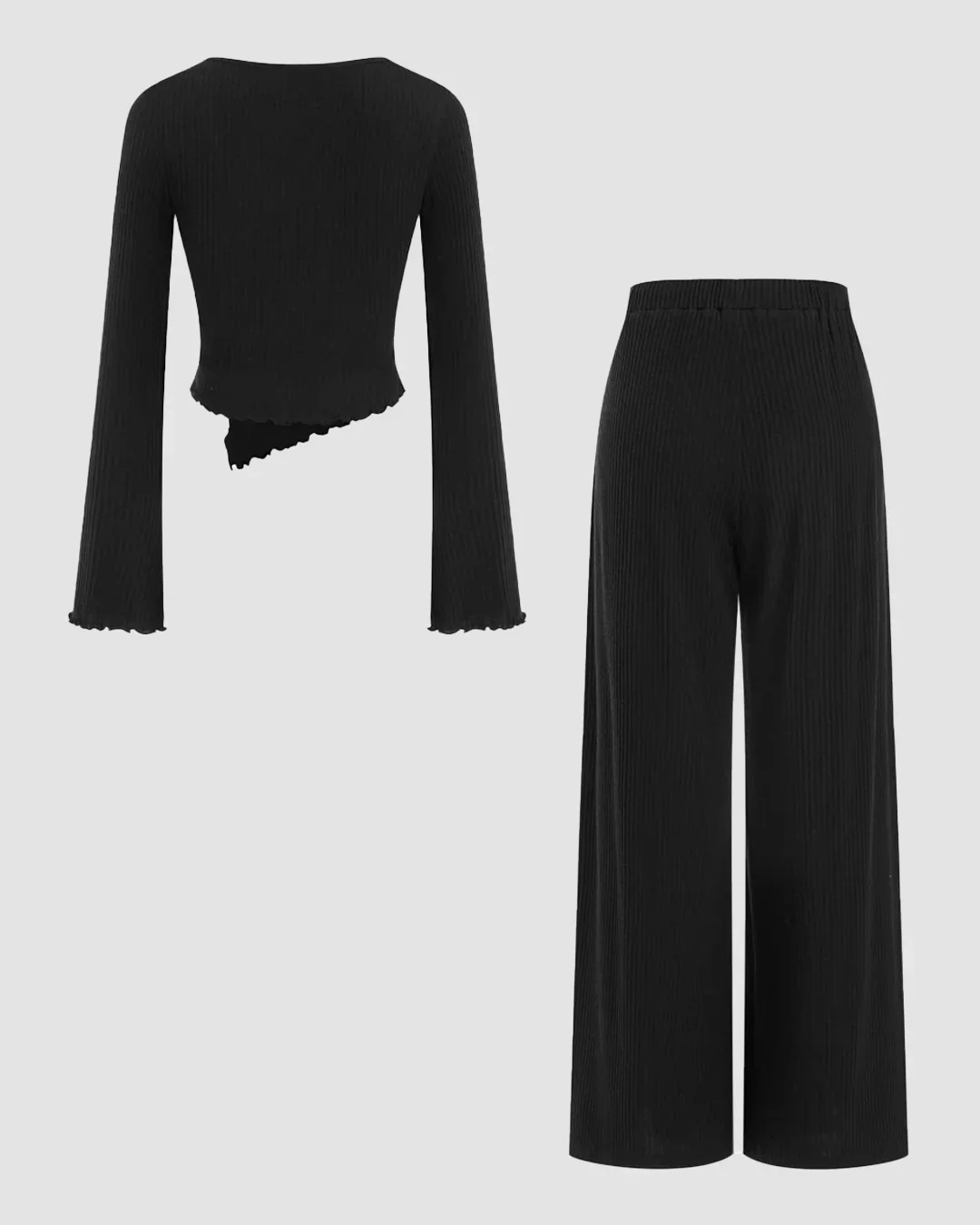 V-neck Bell Sleeve Ruched Asymmetrical Top & Straight Leg Trousers Set in Black - Image 2