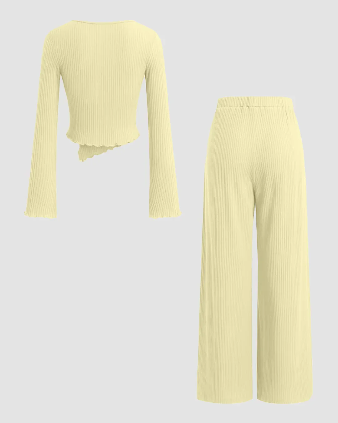 V-neck Bell Sleeve Ruched Asymmetrical Top & Straight Leg Trousers Set in French Vanilla - Image 2