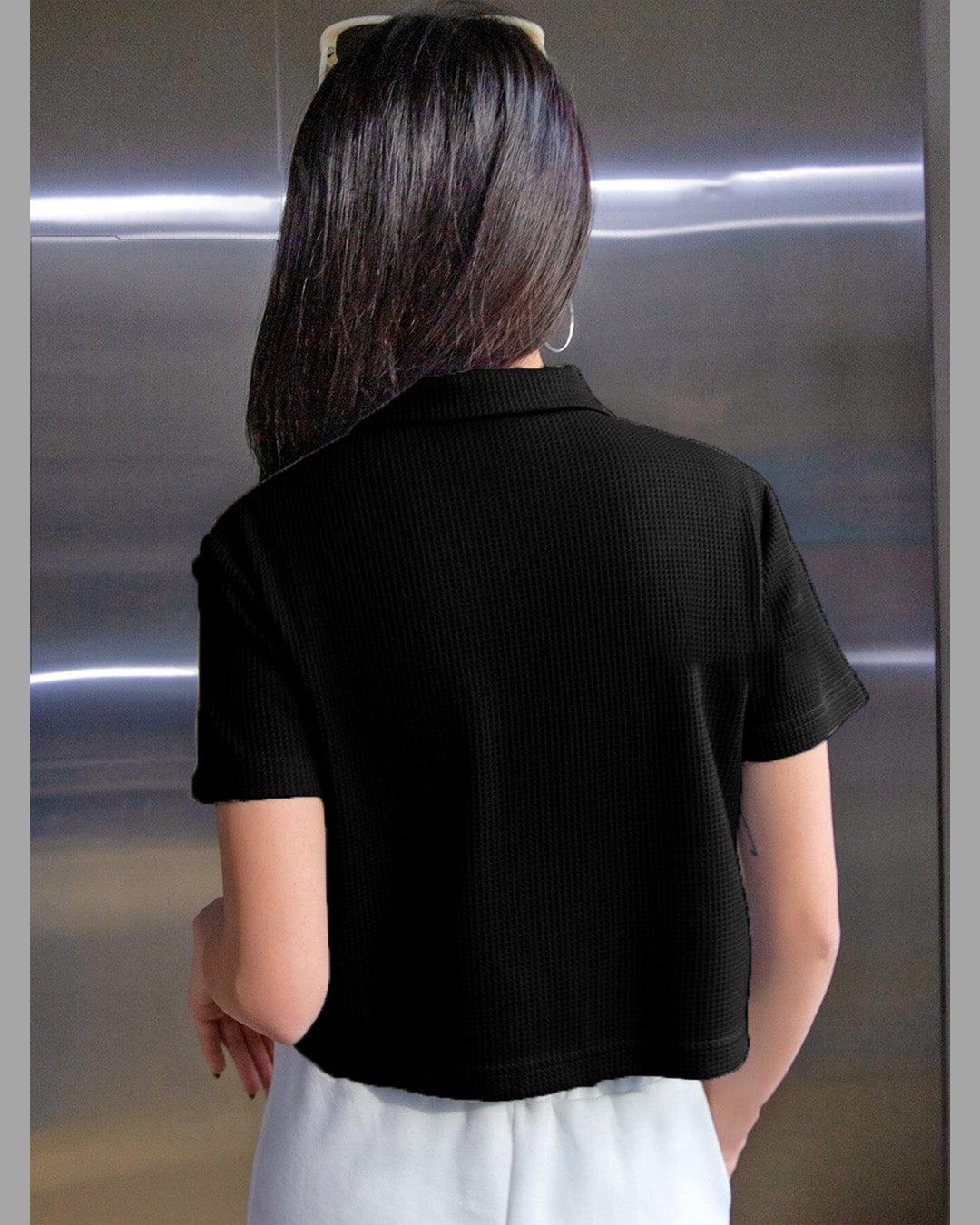 Ribbed Collared Half Sleeve Fitted T Shirt in Black - Image 2