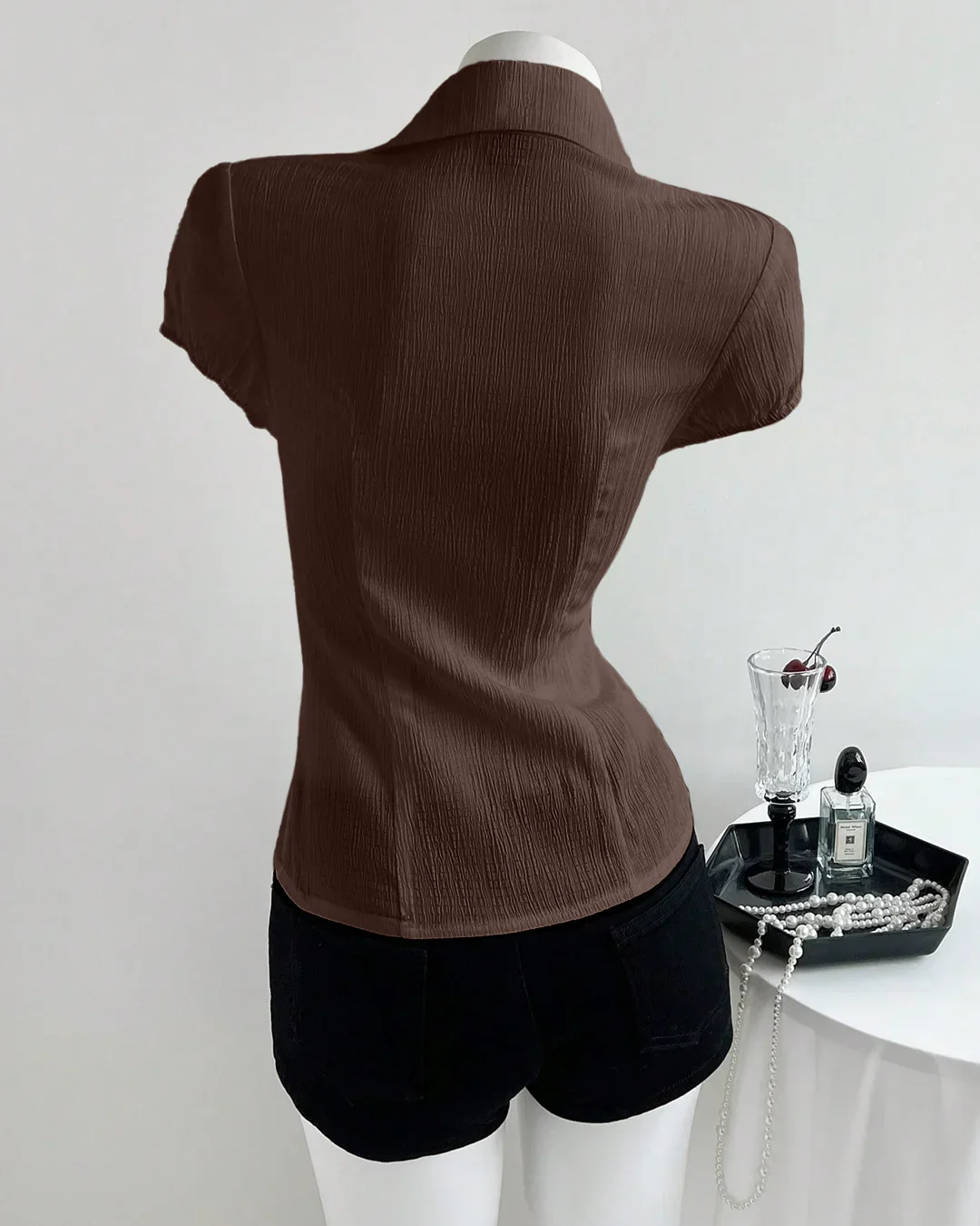 V-Neck Collared Waist Cinched Textured Short Sleeve Shirt in Coca - Image 2