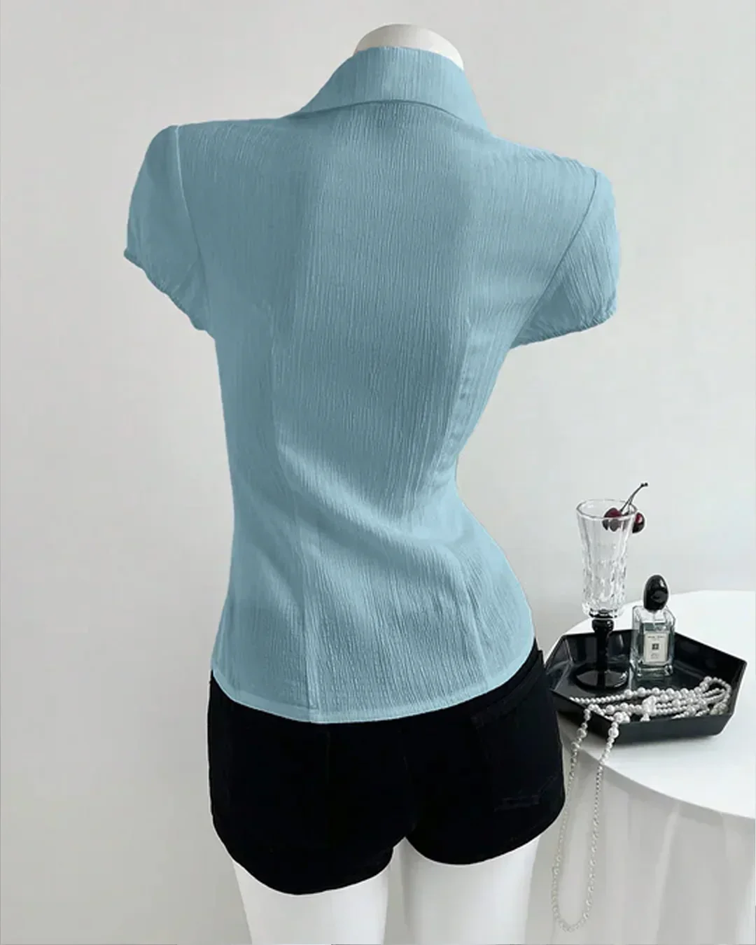 V-Neck Collared Waist Cinched Textured Short Sleeve Shirt in Sky Blue - Image 2