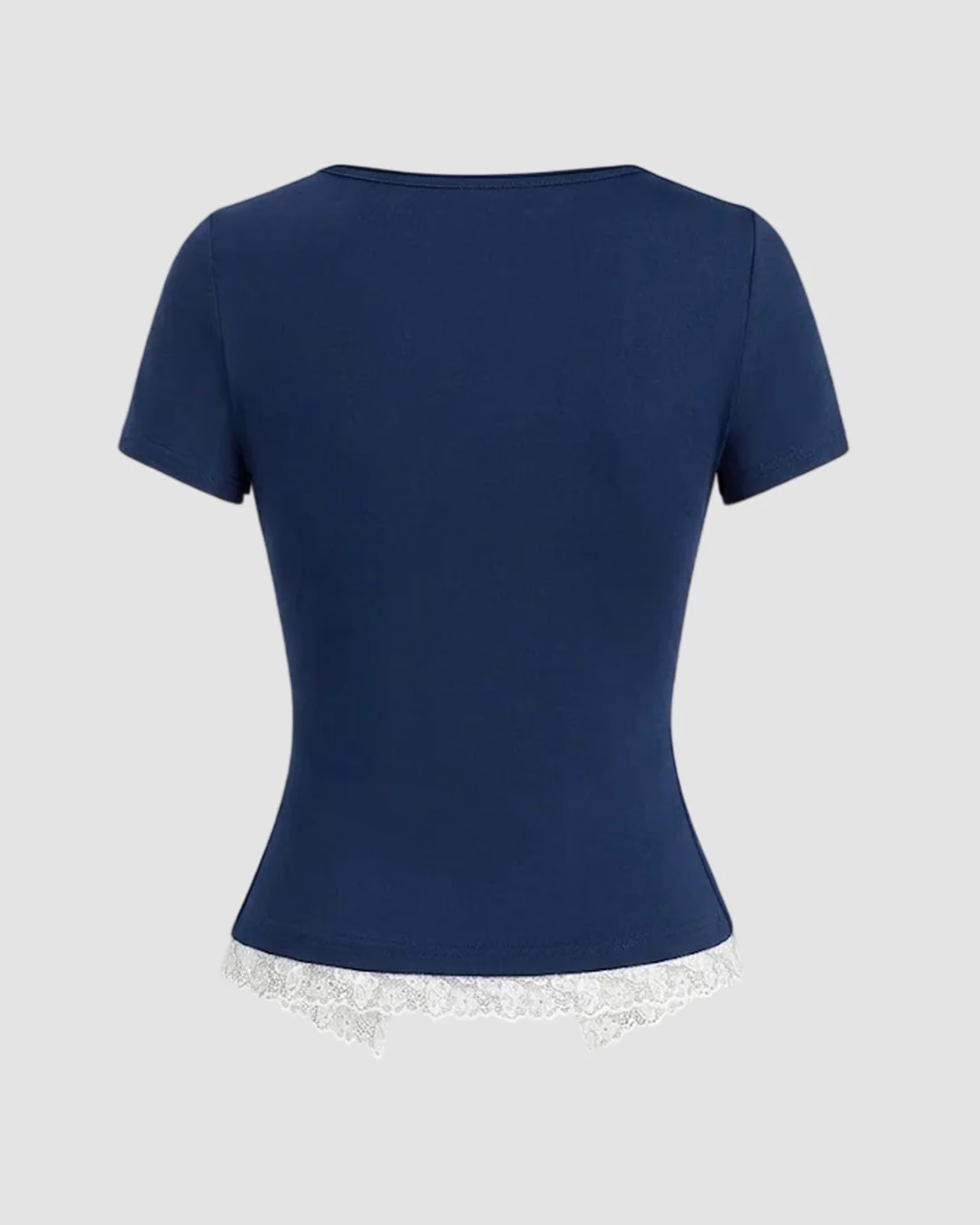 V-Neck Contrast Lace Short Sleeve Front Tie Top in Navy Blue - Image 3