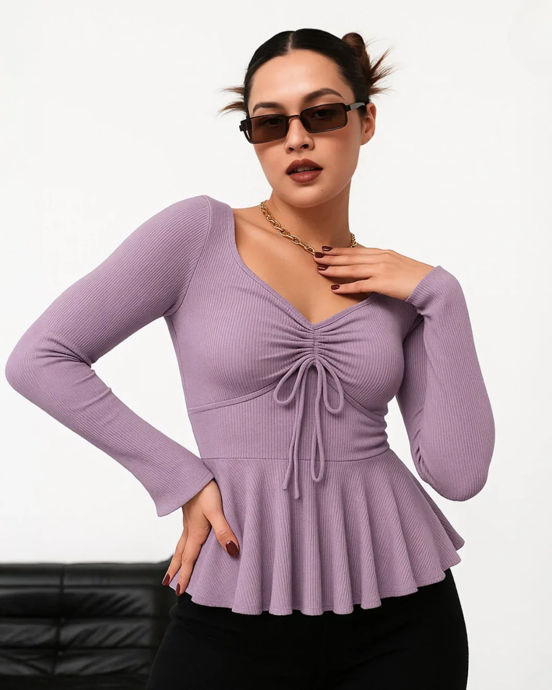 Casual Square Neck Tie-Up Flared Long Sleeve Top in Purple - Image 2