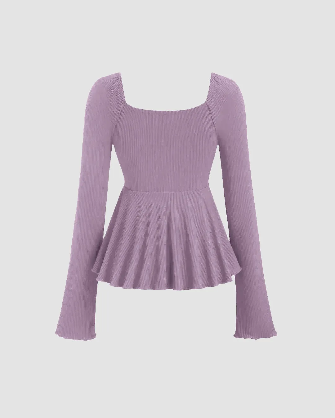 Casual Square Neck Tie-Up Flared Long Sleeve Top in Purple - Image 3