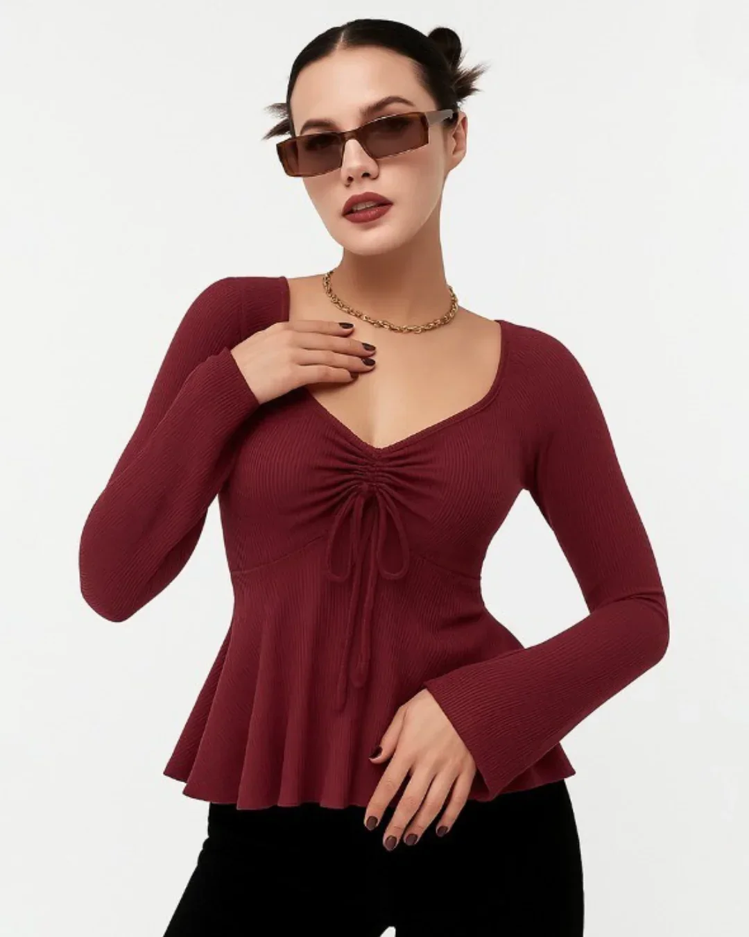 Casual V Neck Ruched Flared Long Sleeve Top in Maroon - Image 2