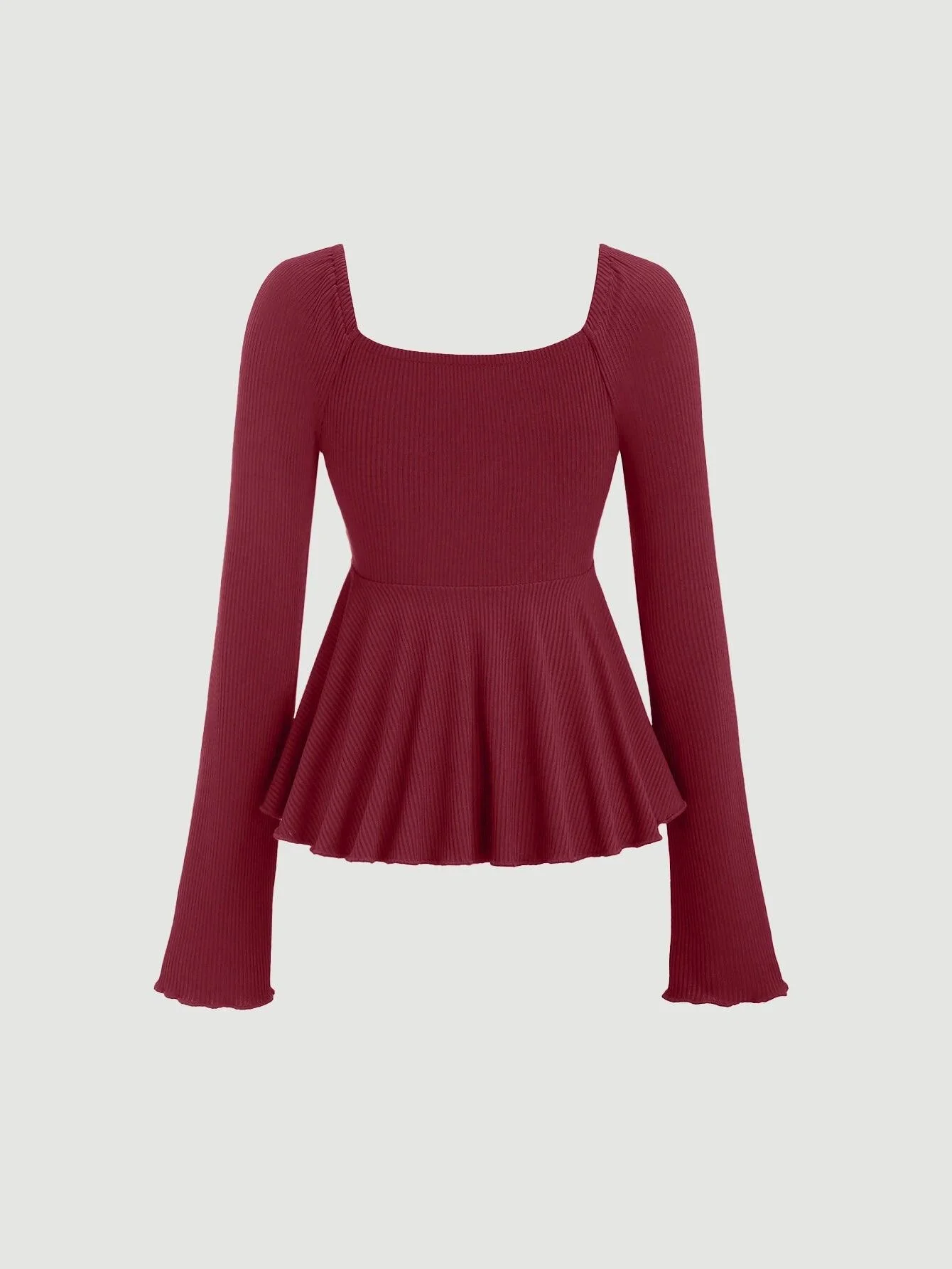 Casual V Neck Ruched Flared Long Sleeve Top in Maroon - Image 3