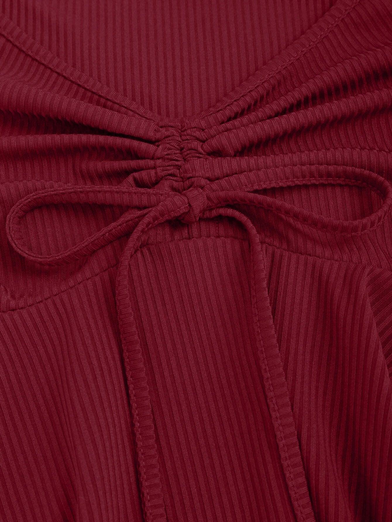Casual V Neck Ruched Flared Long Sleeve Top in Maroon - Image 4