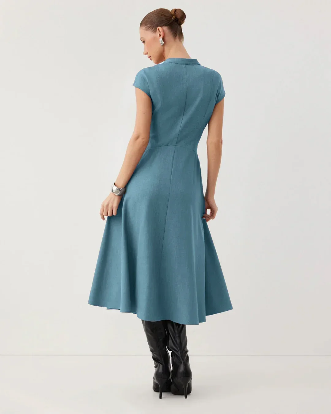 V-Neck Fit & Flare Solid Sleeveless Midi Dress in French Blue - Image 2