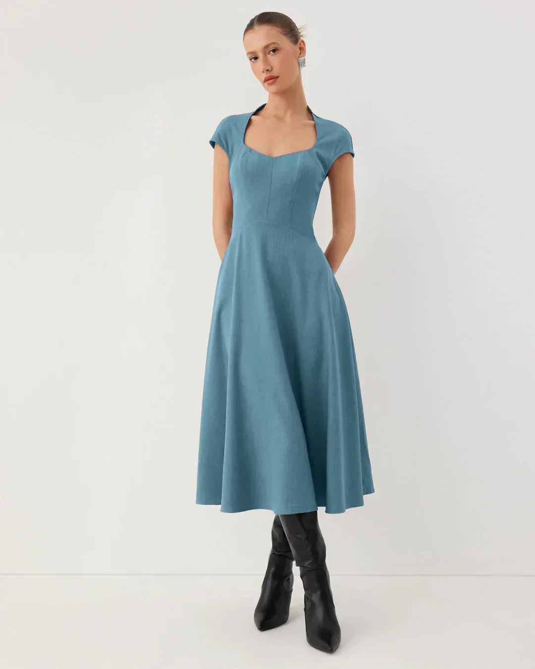 V-Neck Fit & Flare Solid Sleeveless Midi Dress in French Blue - Image 3
