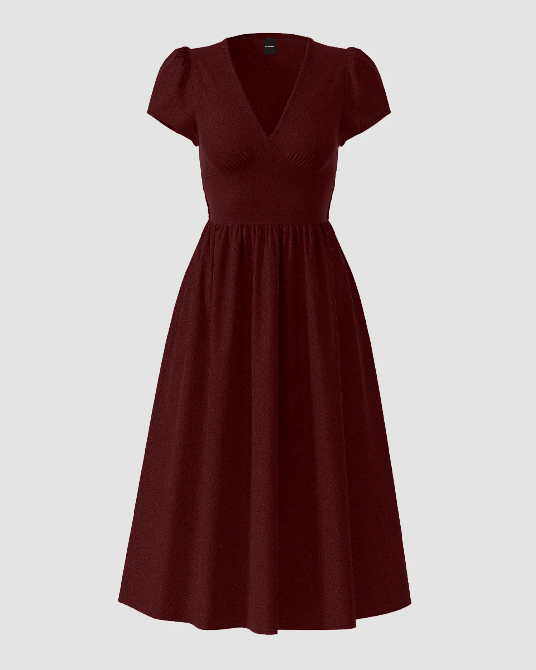 V-Neck Fitted Waist Flared Midi Dress in Merlot - Image 3