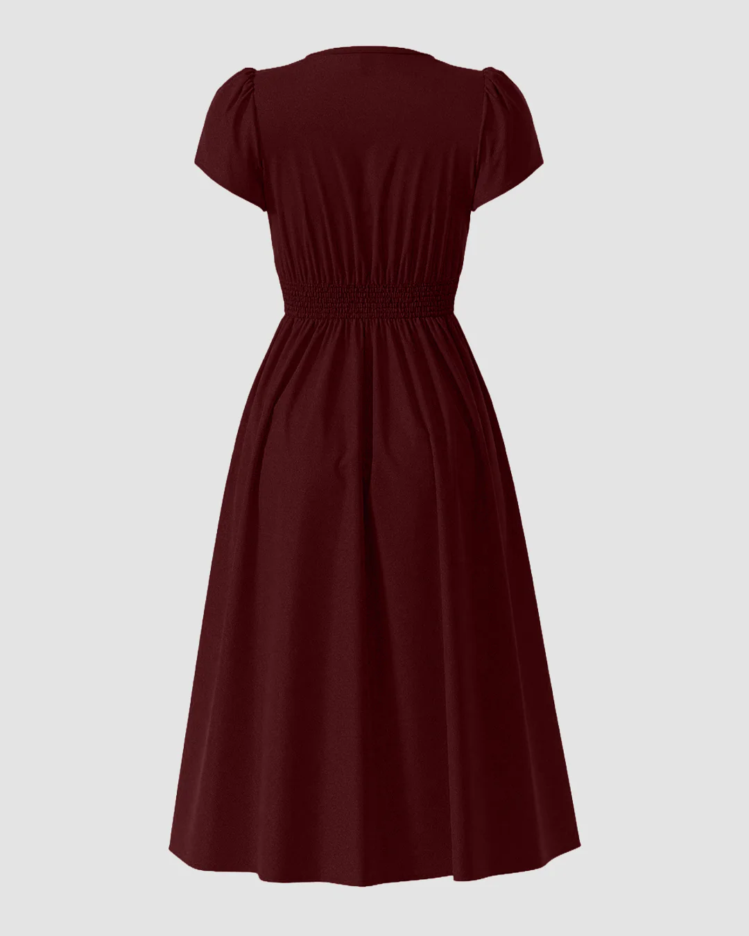 V-Neck Fitted Waist Flared Midi Dress in Merlot - Image 4