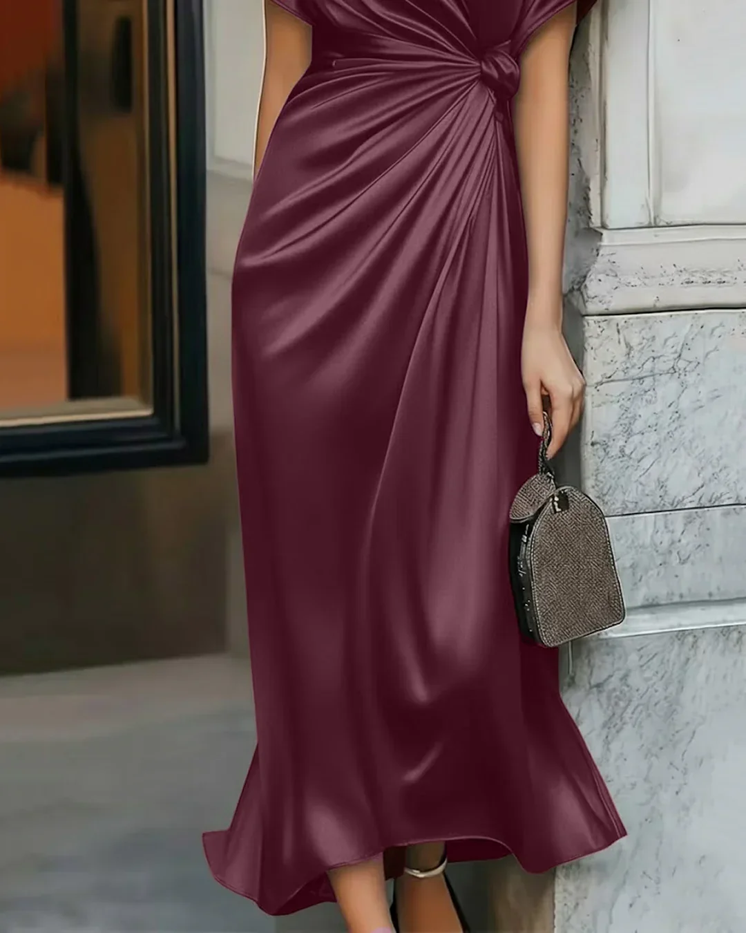V-Neck Flared Hem Short Sleeve Frilled Waist Midi Satin Dress in Maroon - Image 2